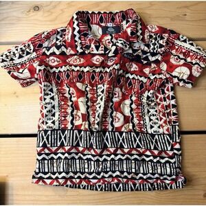 Mesian Short Sleeve Button Up Hawaiian Polynesian Shirt Kids - Size 4/5 Red Blk